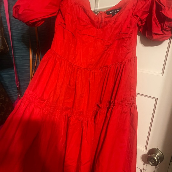 Anthro ATSU Dress Women 10P Red Off-The-Shoulder Preppy Poplin Sundress - Picture 12 of 16